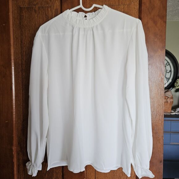 NEW LYANER White Frill Mock-Neck Blouse Size S – Pleated Long-Sleeve Feminine To - Picture 3 of 8